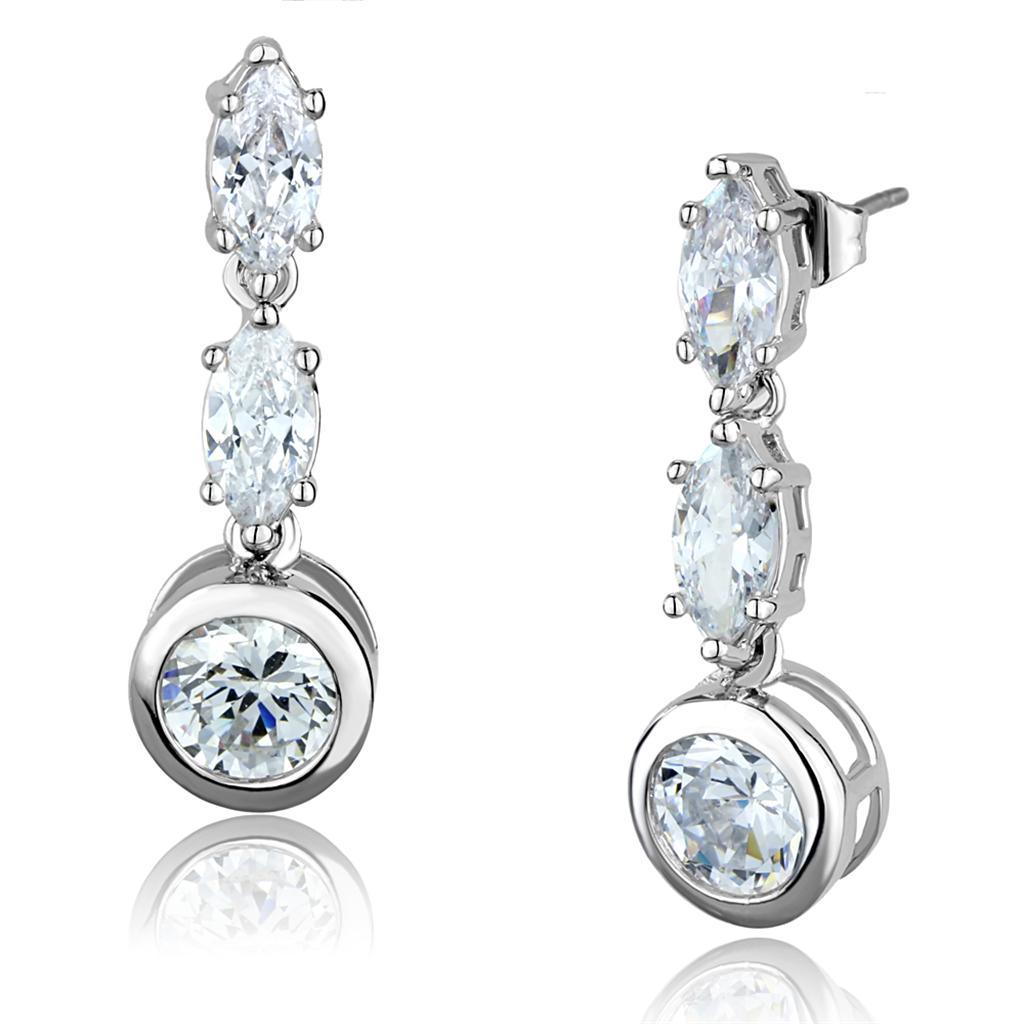 JCE1060 Rhodium Brass Earrings with AAA Grade CZ  in Clear