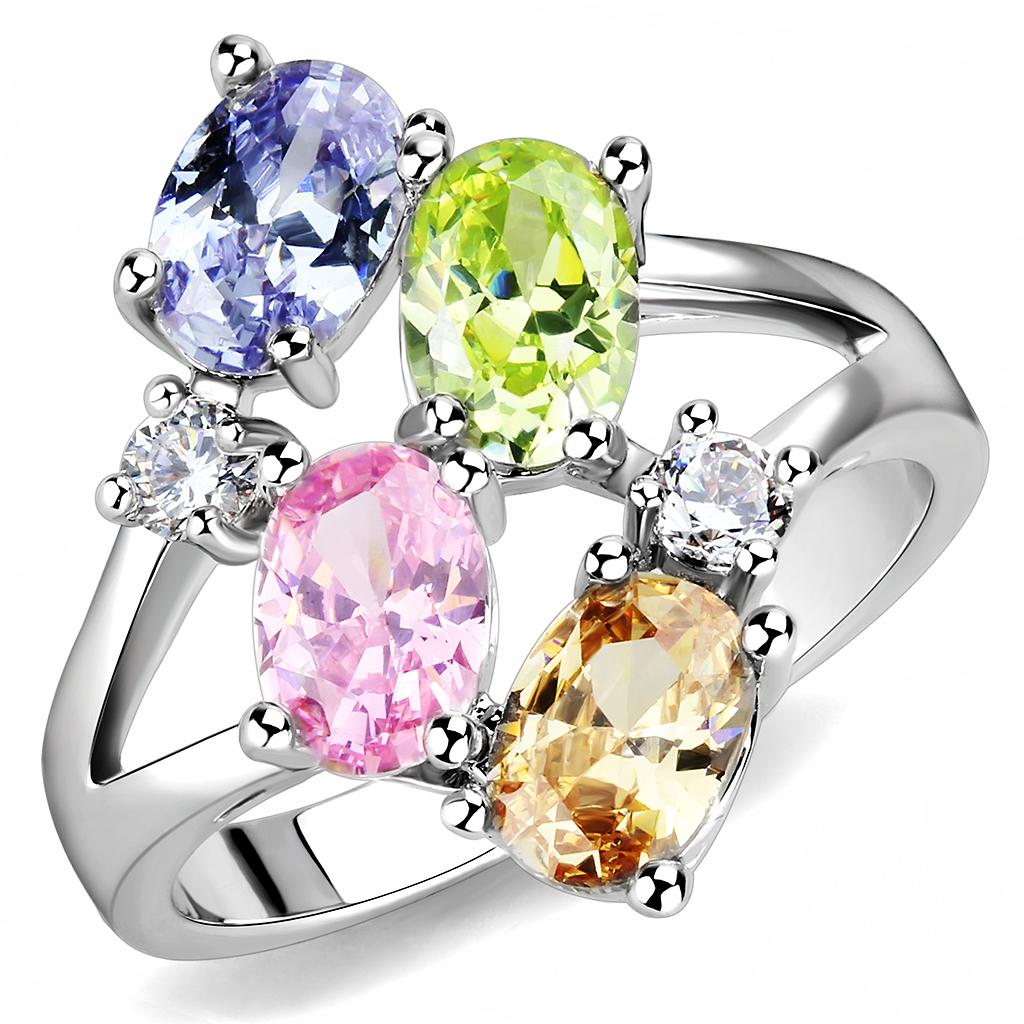 JCE1474 Rhodium Brass Ring with AAA Grade CZ  in Multi Color