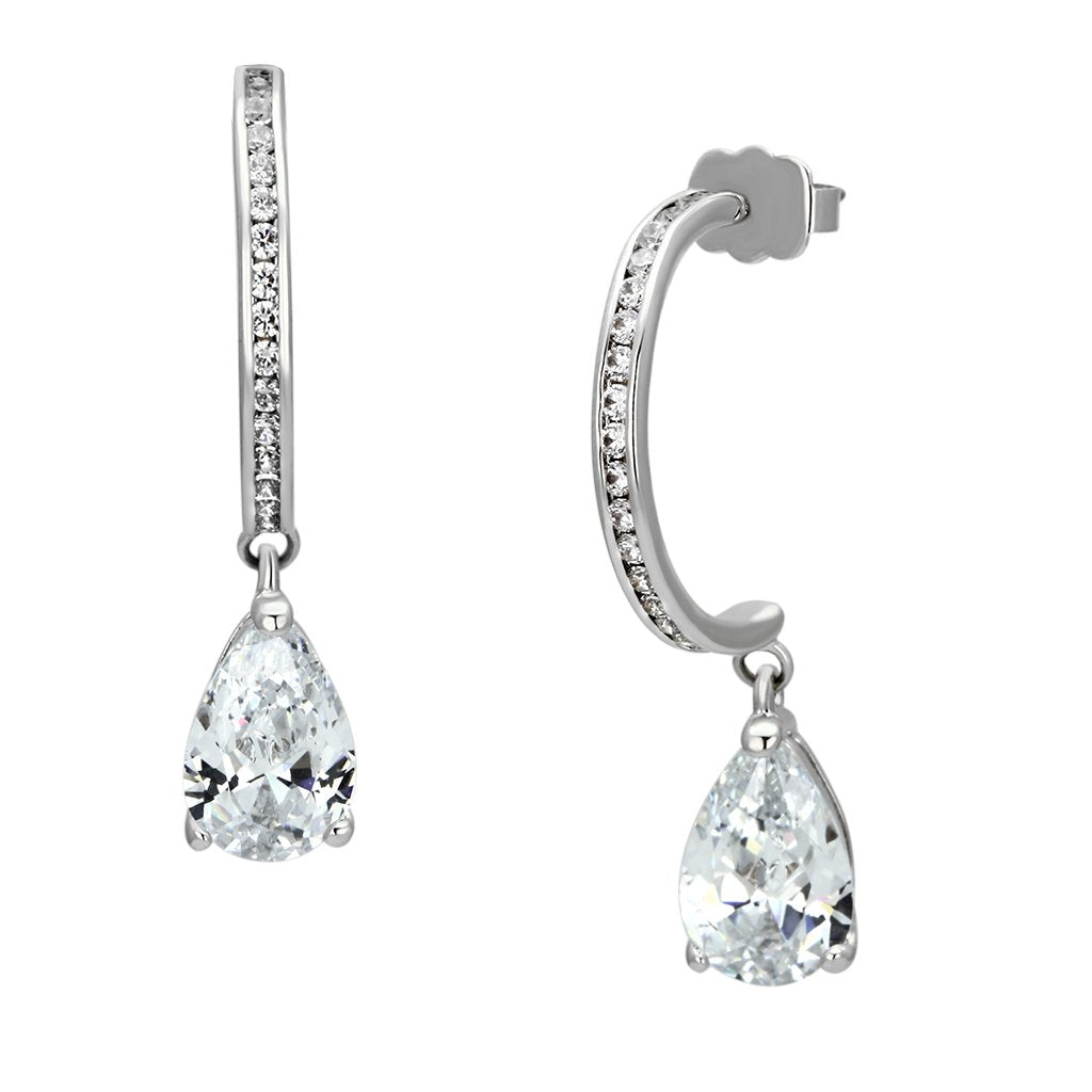 JCE529 Rhodium Brass Earrings with AAA Grade CZ  in Clear