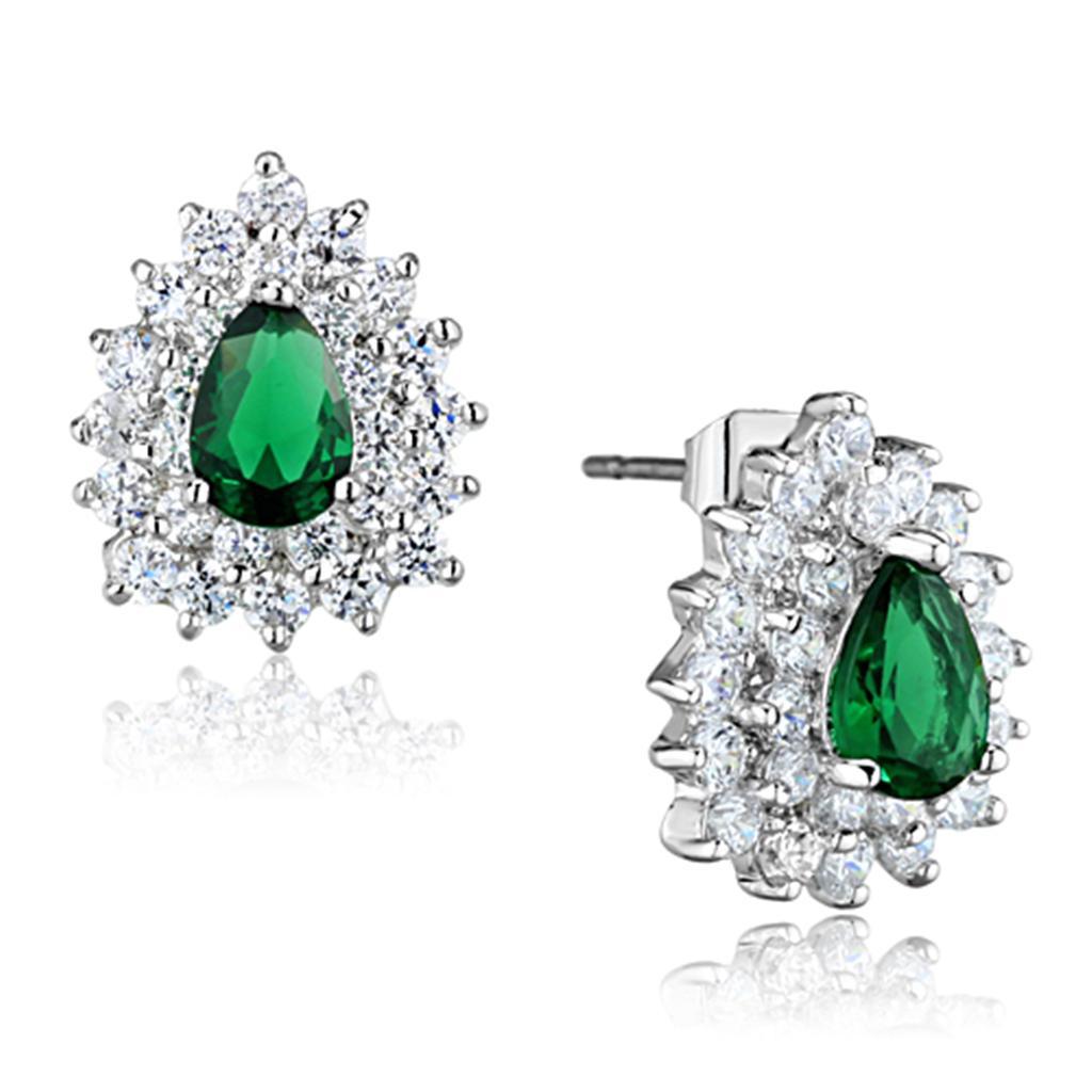 JCE656 Rhodium Brass Earrings with Synthetic Synthetic Glass in Emerald