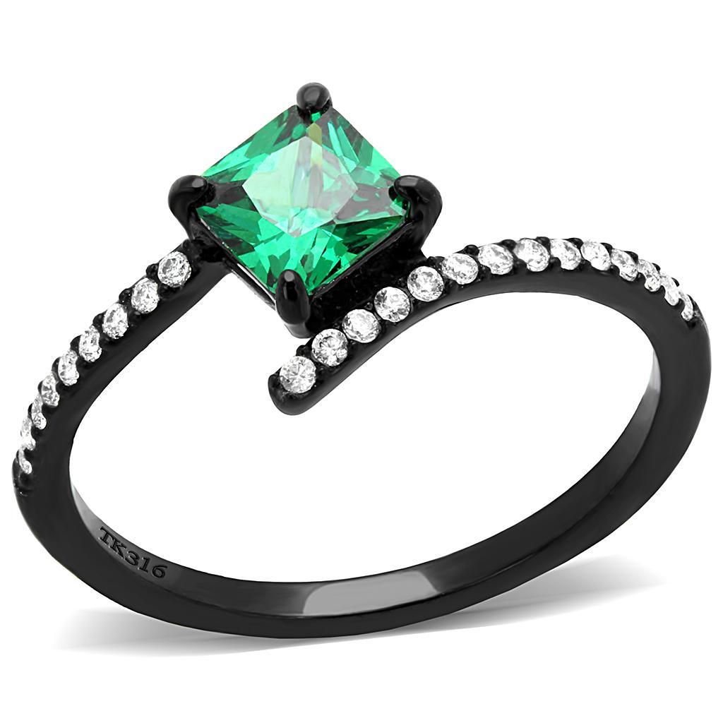 JCE017 IP Black(Ion Plating) Stainless Steel Ring with AAA Grade CZ  in Emerald