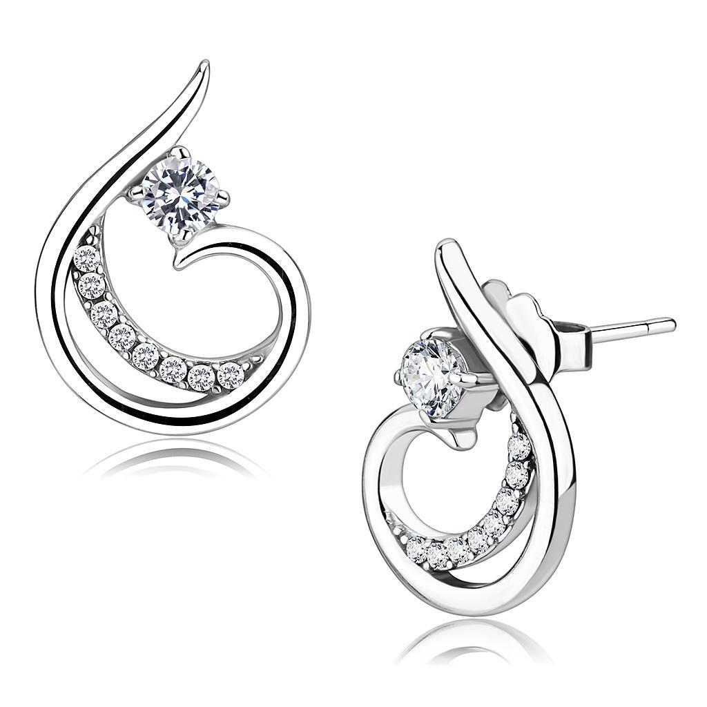 JCE077 High polished (no plating) Stainless Steel Earrings with AAA Grade CZ  in Clear