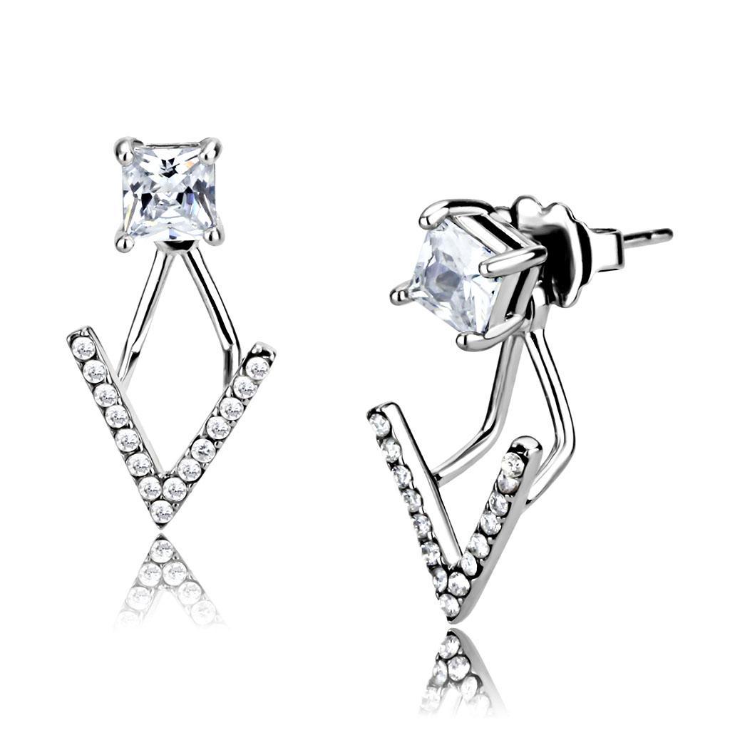 JCE292 High polished (no plating) Stainless Steel Earrings with AAA Grade CZ  in Clear