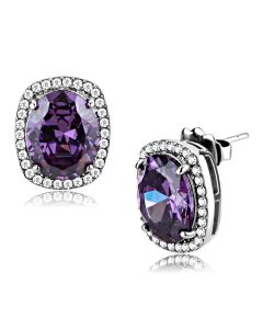 JCE298 High polished (no plating) Stainless Steel Earrings with AAA Grade CZ  in Amethyst