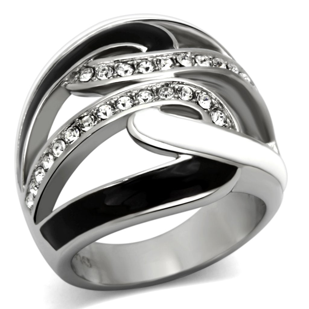JCE1018 High polished (no plating) Stainless Steel Ring with Top Grade Crystal  in Clear