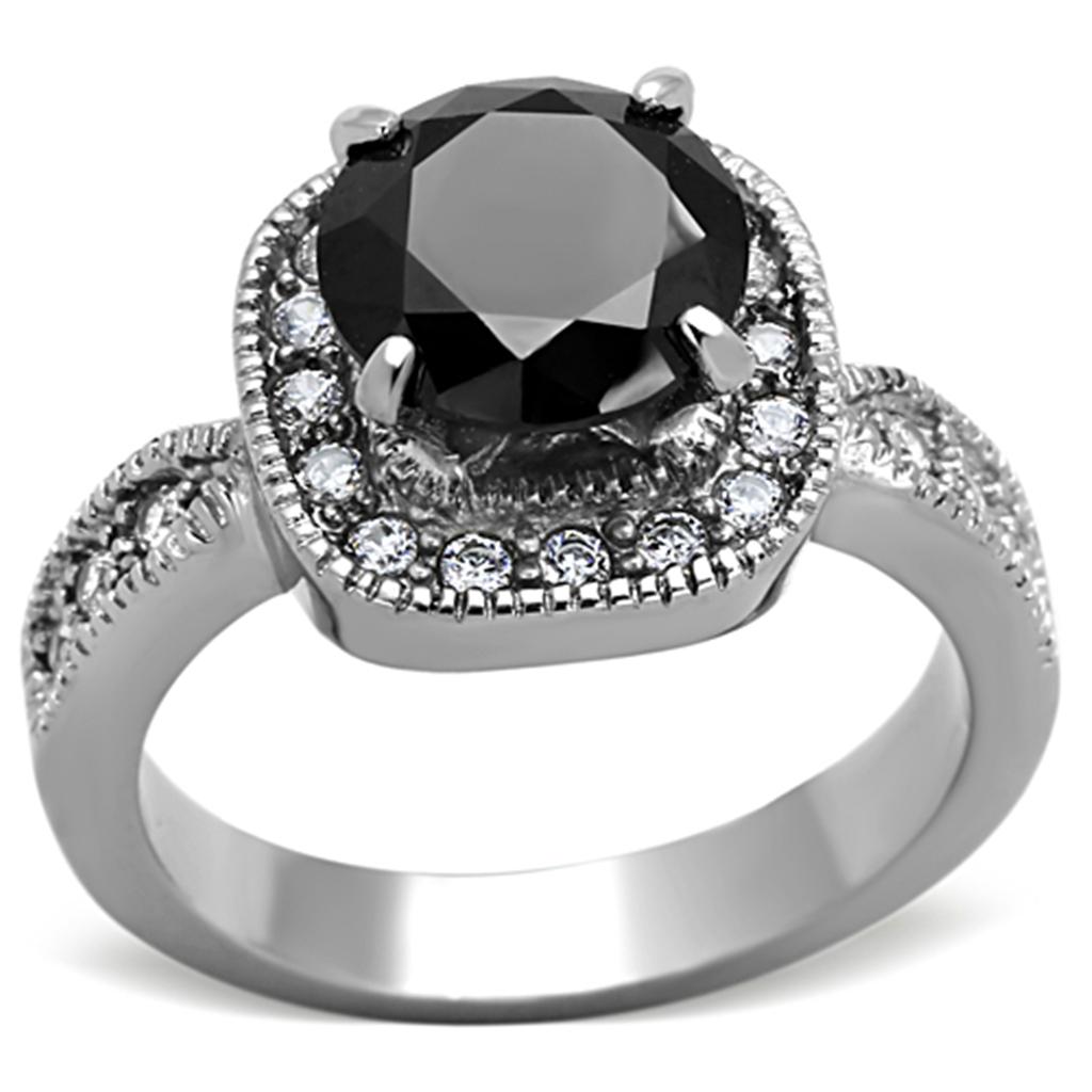 JCE1322 High polished (no plating) Stainless Steel Ring with AAA Grade CZ  in Black Diamond