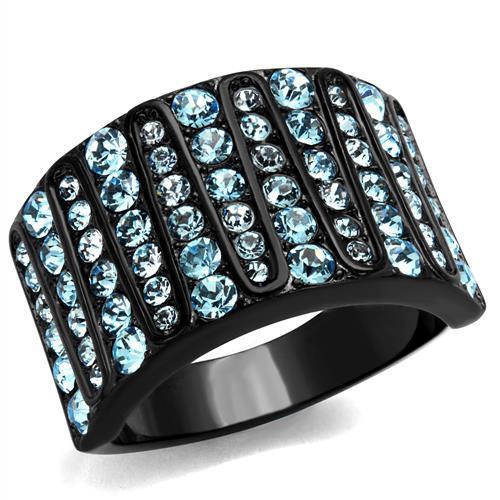JCE2198 IP Black(Ion Plating) Stainless Steel Ring with Top Grade Crystal  in Sea Blue