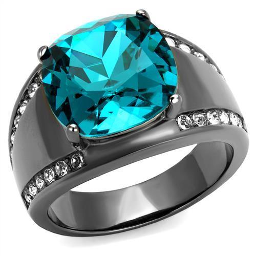 JCE2678 IP Light Black  (IP Gun) Stainless Steel Ring with Top Grade Crystal  in Blue Zircon