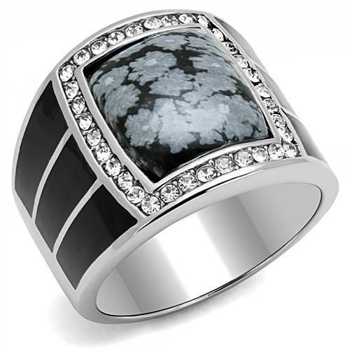 JCE3042 High polished (no plating) Stainless Steel Ring with Semi-Precious Snowflake Obsidian in Jet