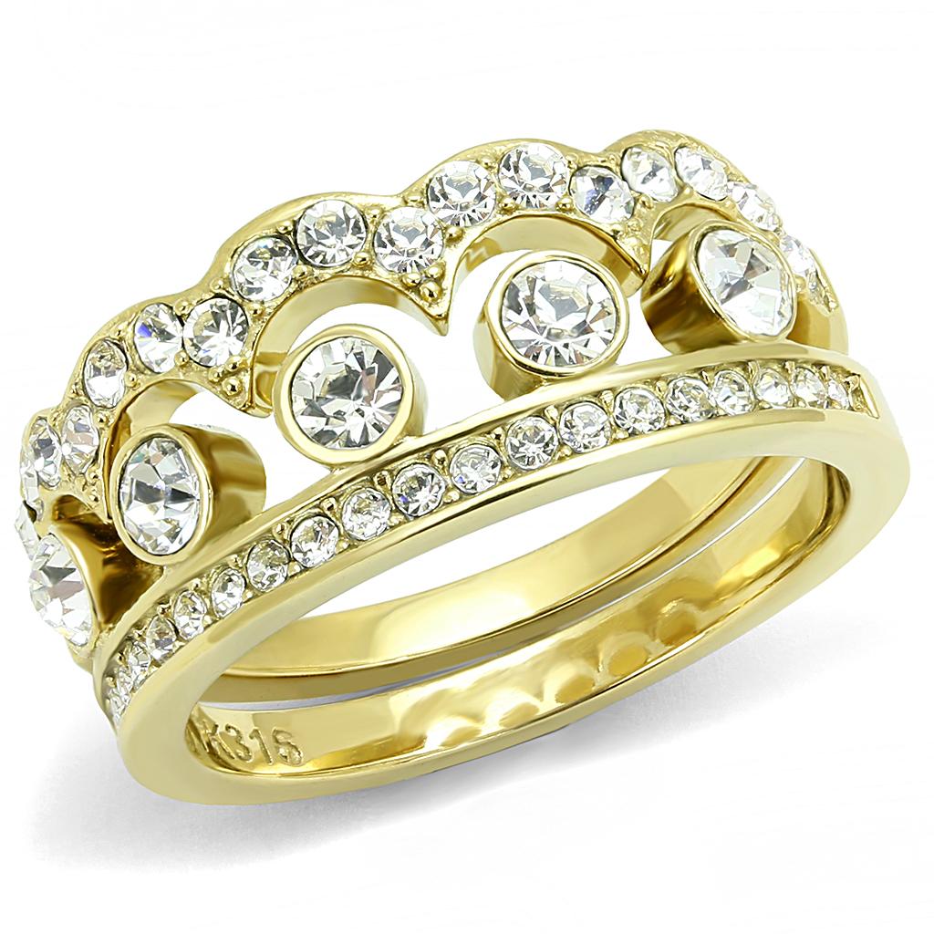 JCE3123 IP Gold(Ion Plating) Stainless Steel Ring with Top Grade Crystal  in Clear