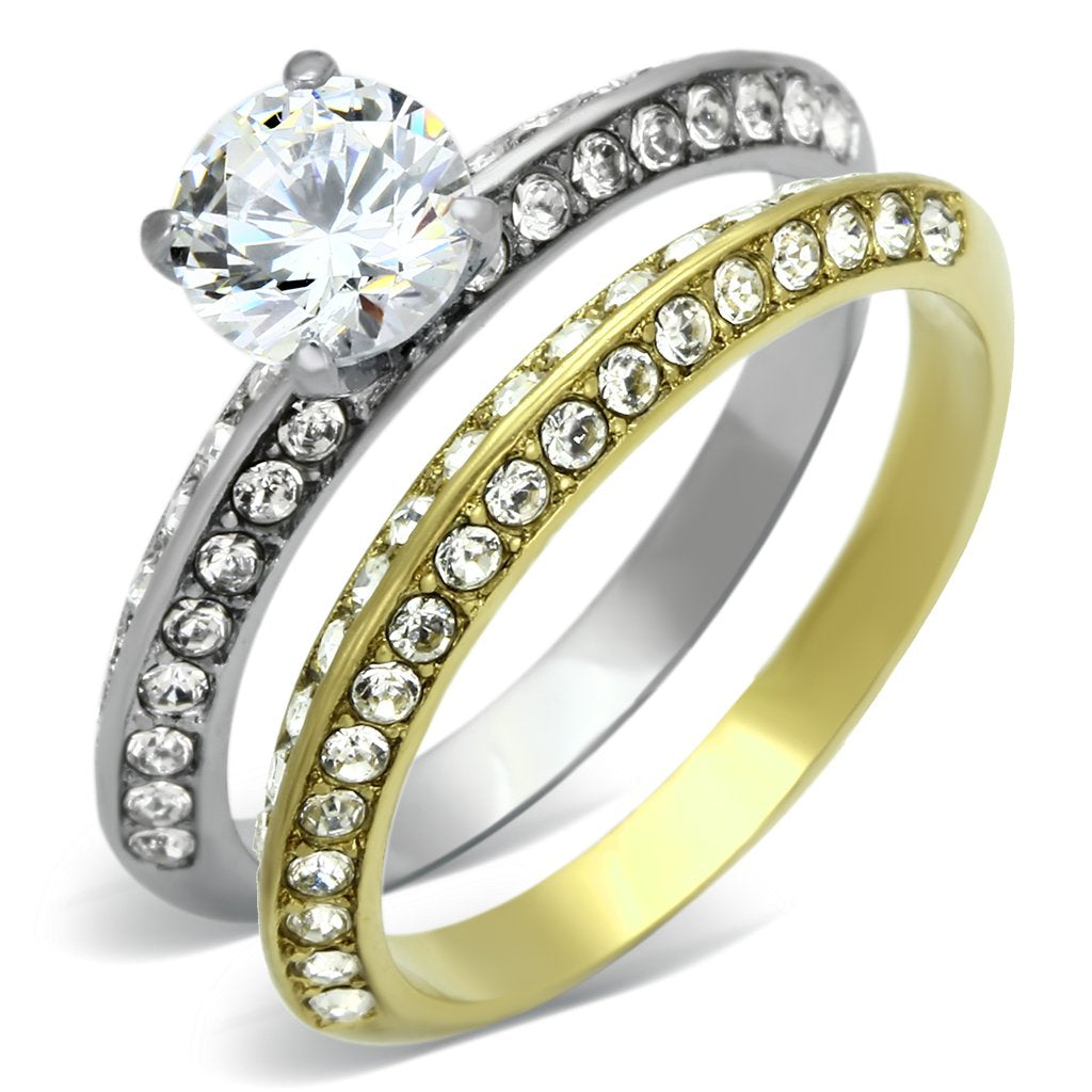 JCE967 Two-Tone IP Gold (Ion Plating) Stainless Steel Ring with AAA Grade CZ  in Clear