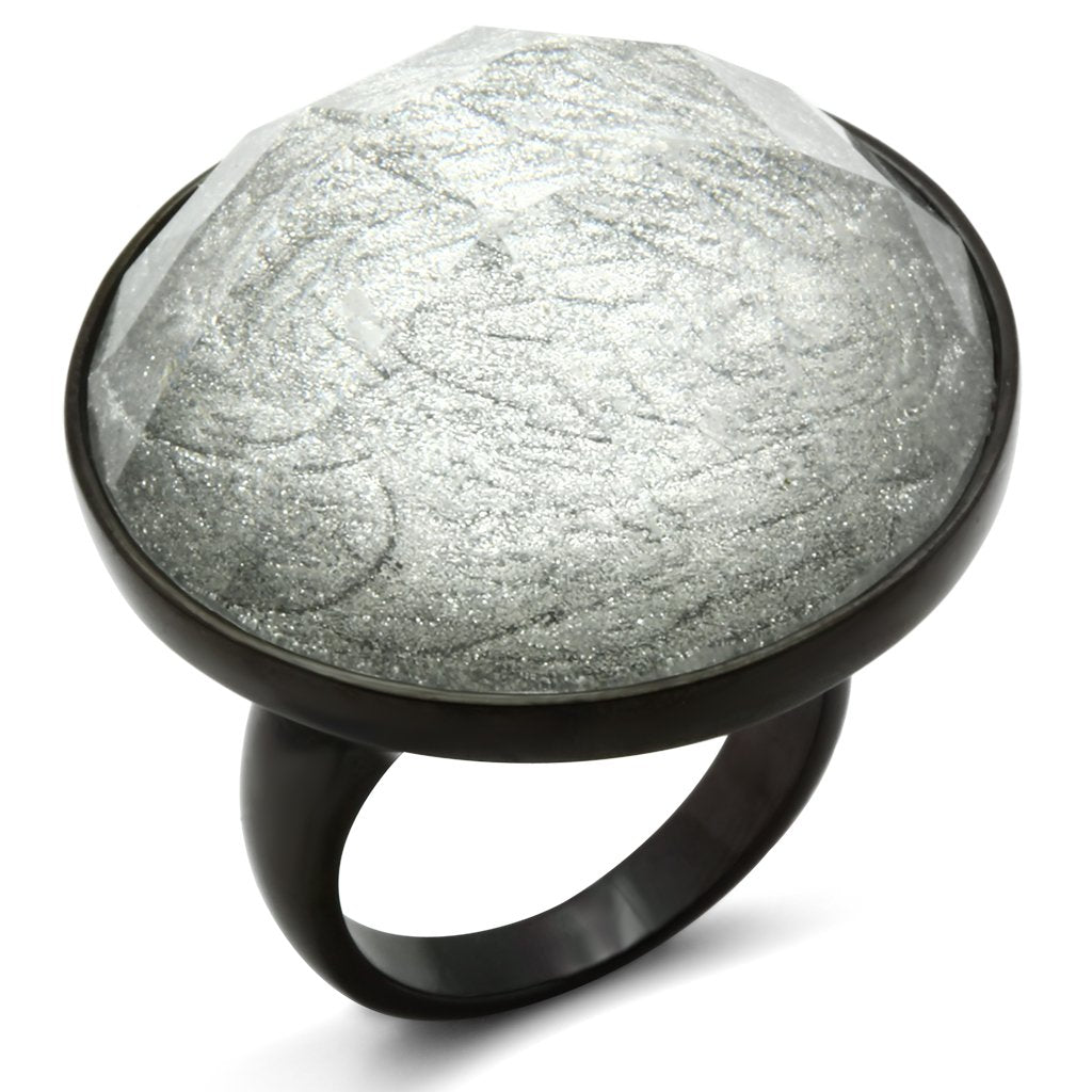 JCE003 IP Black(Ion Plating) Brass Ring with Synthetic Synthetic Stone in Light Gray